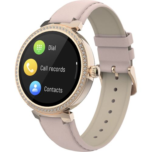 Une montre connectée or rose avec bracelet en cuir rose, lunette ornée et options de menu.