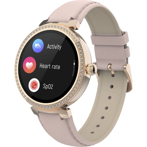 Une montre connectée or rose avec bracelet en cuir rose affiche Activité, Fréquence Cardiaque, SpO2.
