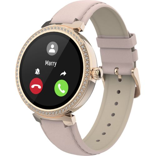 Une montre connectée rose avec un écran affichant un appel entrant de Marry.