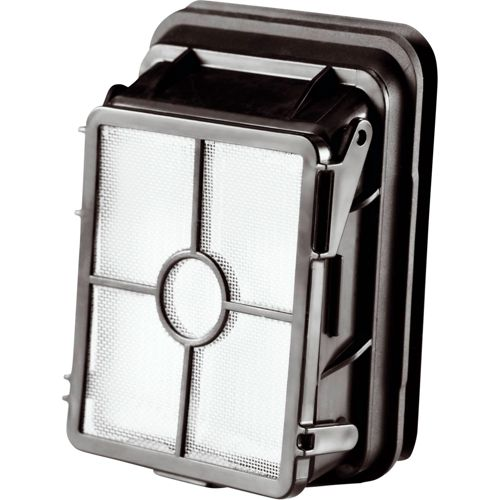 Un filtro in plastica nera con schermo a rete bianca. Il filtro ha una cornice quadrata e un'apertura circolare.