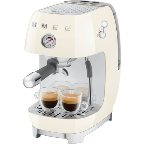 Cremefarbene Espressomaschine mit zwei gefüllten Gläsern und einem Manometer.