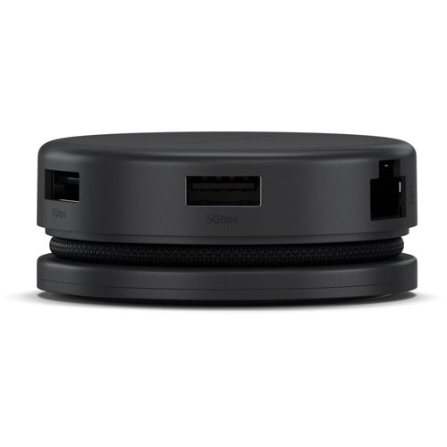 Schwarzer, runder USB-Hub mit mehreren Anschlüssen, darunter USB-A und Ethernet.