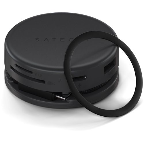 Schwarzer Satechi USB-C Hub mit mehreren Anschlüssen und einem schwarzen Ring.