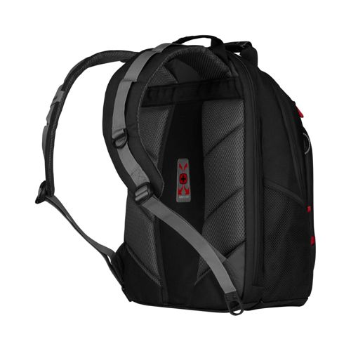 Schwarzer Rucksack mit gepolsterten Trägern und atmungsaktivem Rückenteil.