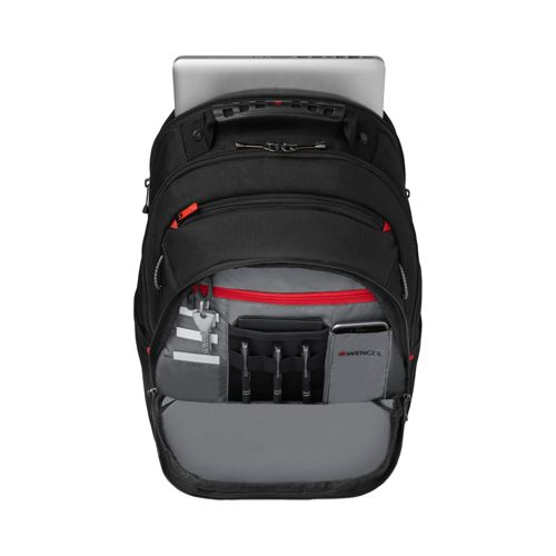 Schwarzer Rucksack mit Laptop, Schlüsseln, Stiften und Handy in offenen Fächern.