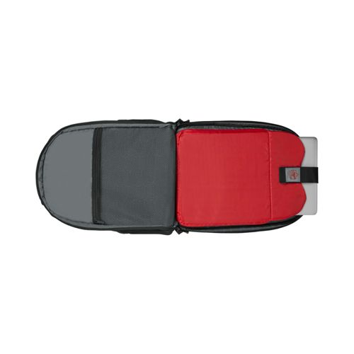 Ein offener Rucksack mit Laptopfach und roter Einlage.