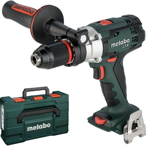 Trapano Metabo verde con manico e valigetta rossi su sfondo bianco.