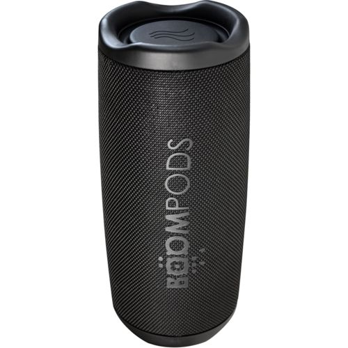Altoparlante portatile nero con motivo a griglia e logo.