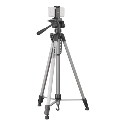A silver and black camera tripod with a phone holder and smartphone.