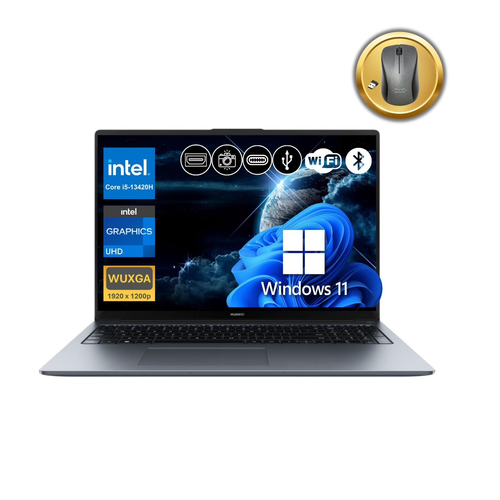 Intel Core i5, Windows 11, WUXGA ekranlı gri dizüstü bilgisayar ve fare.