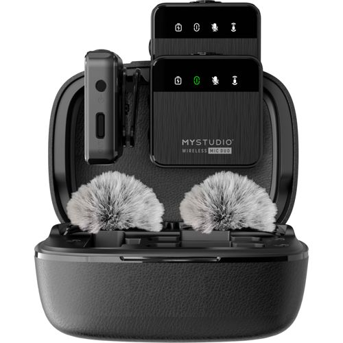 Schwarzes MYSTUDIO Wireless Mic Duo mit zwei Mikrofonen und Windschutz in einem Ladecase.