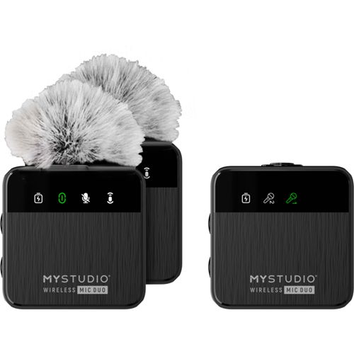 Zwei schwarze MYSTUDIO Wireless Mic Duo-Sender mit Fellwindschutz und ein einzelner Sender.