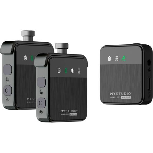 Drei schwarze MYSTUDIO Wireless Mic Duo Geräte auf weißem Hintergrund.