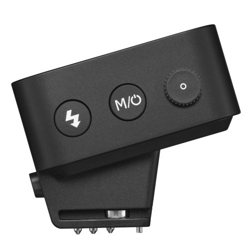 Adaptateur de sabot de flash noir avec boutons flash, M/A et molette de commande.