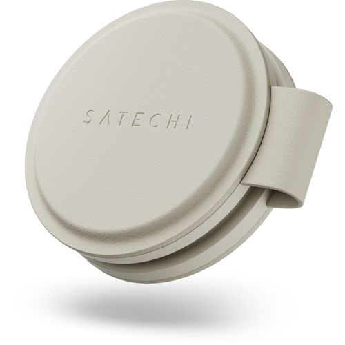 Ein cremefarbener, runder Behälter mit dem Satechi-Logo. Ein Teil ist abgewinkelt.
