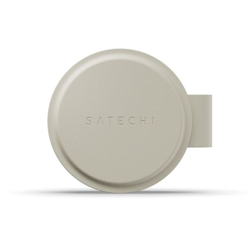 Ein hellbeige, kreisförmiger Satechi-Lade-Puck mit matter Oberfläche wird gezeigt.