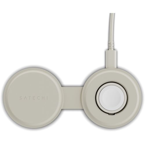 Ein hellgraues Satechi Dual-Ladegerät mit USB-C-Kabel zum Aufladen von Geräten.