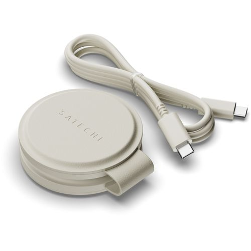 Ein rundes, cremefarbenes Ladegerät mit USB-C-Kabel daneben.