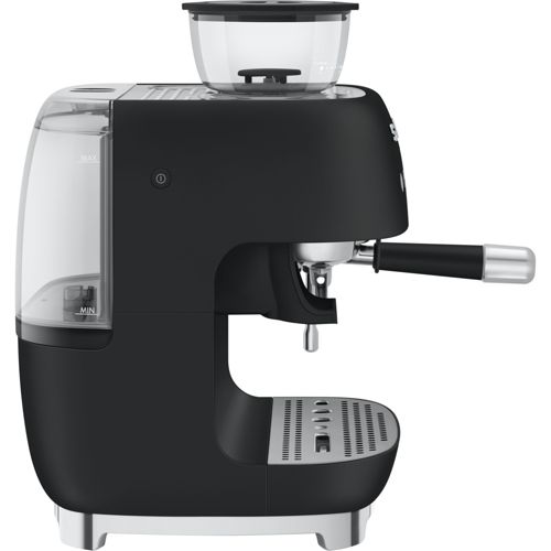 Máquina de espresso negra con molinillo de café y depósito de agua.