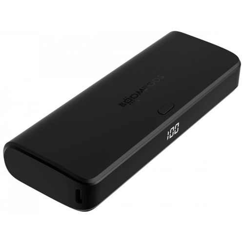 Un power bank nero e rettangolare con display digitale che mostra 100.