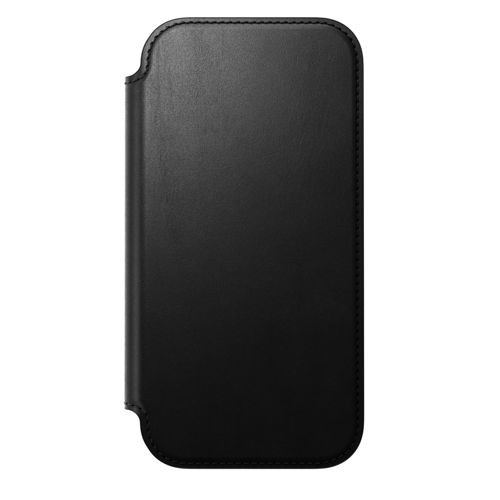 Custodia nera in pelle per smartphone, semplice ed elegante.