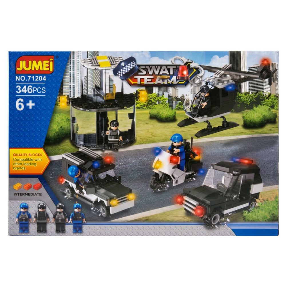 Zestaw LEGO: Drużyna SWAT z radiowozem, helikopterem, motocyklem i figurkami.