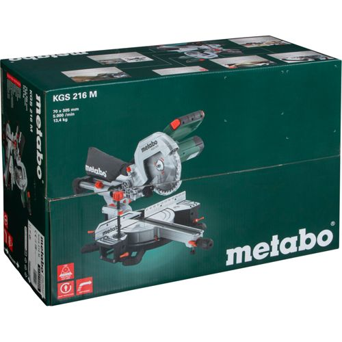 Metabo KGS 216 M Gehrungssäge auf einer grünen Verpackungsbox.