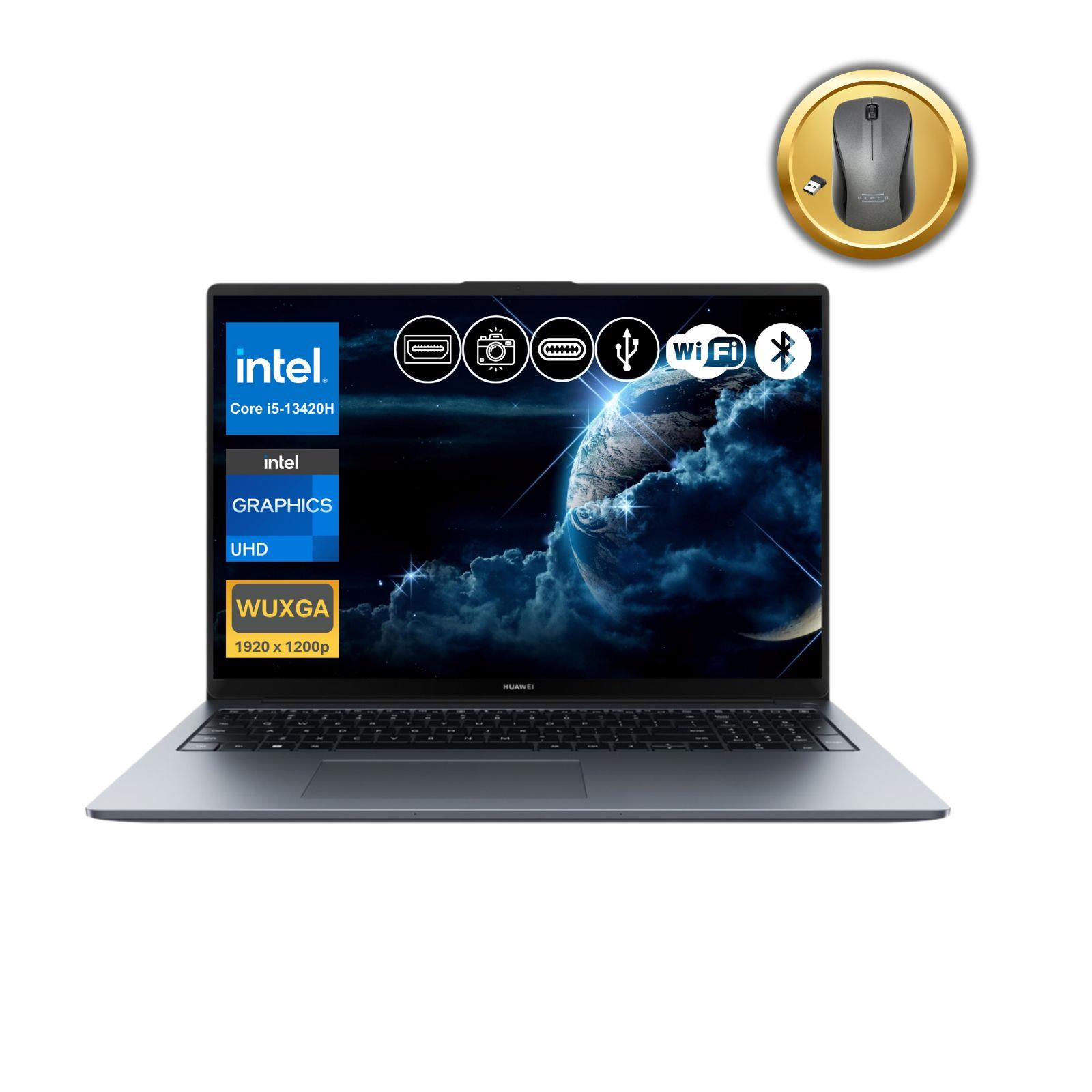 Gri dizüstü bilgisayar, Intel Core i5, UHD grafik, WUXGA ekran ve dairede fare.