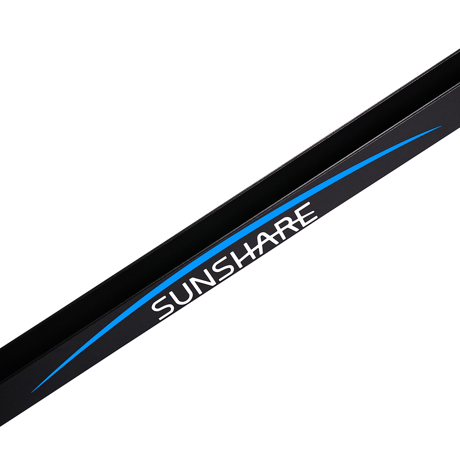 Ein schwarzer Schlauch mit blauer Schrift und Linien. Der Text lautet SUNSHARE.