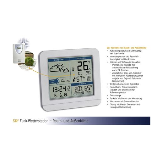 Eine Wetterstation zeigt Außentemperatur 26C, Innentemperatur 20C, Datum und Uhrzeit.