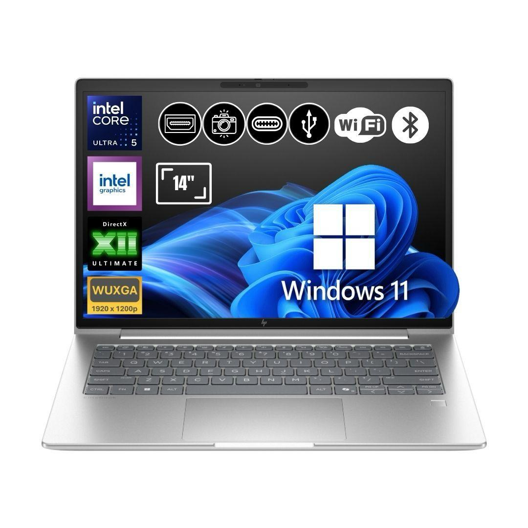 14 inç ekranlı gümüş HP dizüstü bilgisayar, Intel Core Ultra 5, Windows 11.