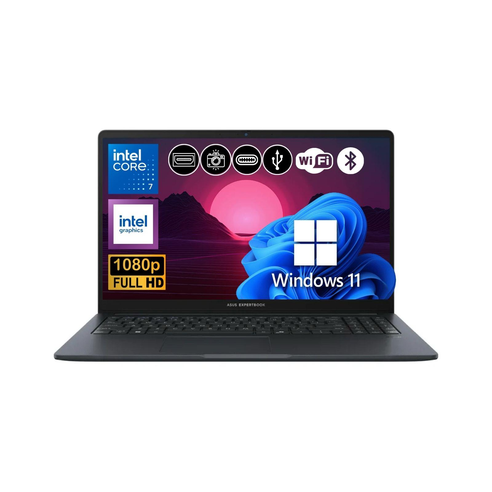 Intel Core i7 ve Windows 11 duvar kağıdı gösteren koyu renkli dizüstü bilgisayar.