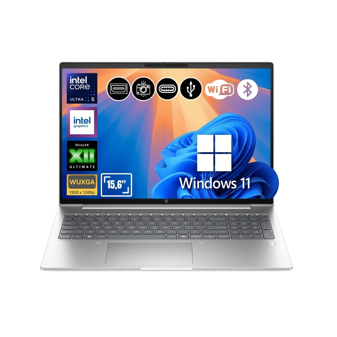 Windows 11 ve Intel Core Ultra 5 işlemcili gümüş rengi dizüstü bilgisayar.