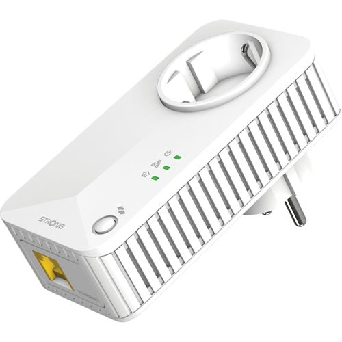 Adaptateur CPL blanc avec port Ethernet et indicateurs LED. Se branche à la prise murale.