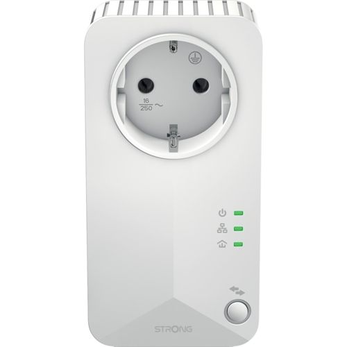 Un adaptateur CPL blanc avec une prise et des indicateurs LED verts.