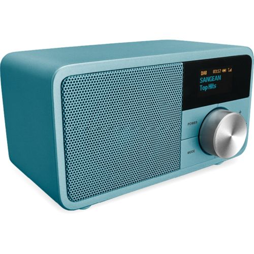 Una radio DAB azzurra con quadrante argentato e display nero.
