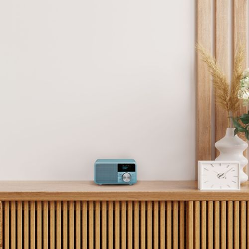 Una radio color turchese su una mensola di legno accanto a un vaso di fiori secchi e un orologio bianco.