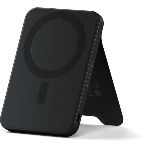 Supporto caricabatterie wireless magnetico Satechi nero, aperto, mostra magnete circolare.