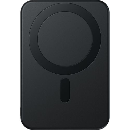 Caricatore MagSafe nero con area magnetica circolare e fessura verticale.