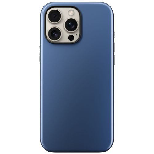 Custodia blu scuro per telefono con tripla fotocamera su sfondo bianco.