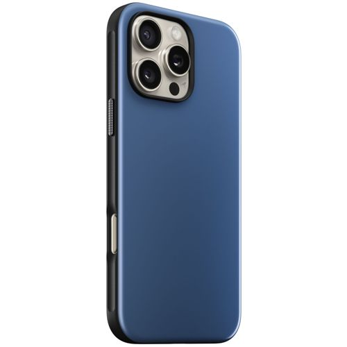 Custodia blu per telefono con modulo fotocamera, sfondo bianco.