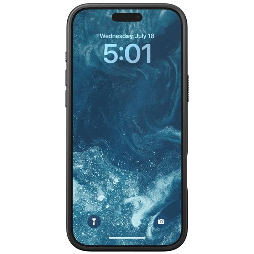 Custodia nera per iPhone con sfondo blu che mostra l'ora 5:01.