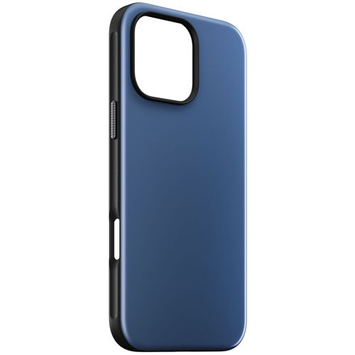 Custodia blu scuro per telefono con finiture nere e ritaglio bianco per fotocamera.