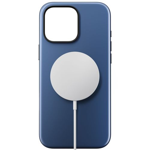 Custodia blu scuro per telefono con caricatore circolare bianco e cavo.