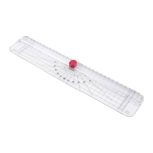 Ein transparenter Papier-Schneider mit rotem Knopf und Winkelskala.