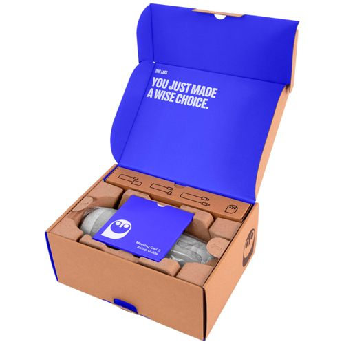 Ein geöffneter Karton mit blauer Innenseite und Text. Ein Gerät und eine Anleitung sind verpackt.