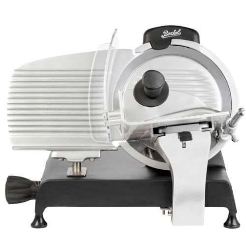 Affettatrice Berkel argentata con base nera e protezione lama.
