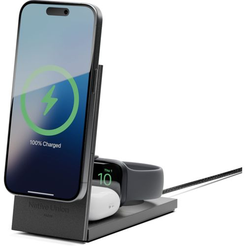 Ein graues Ladegerät für iPhone, Apple Watch und AirPods.