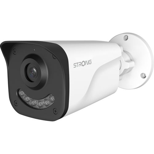 Telecamera di sicurezza bianca con frontale nero e LED IR.
