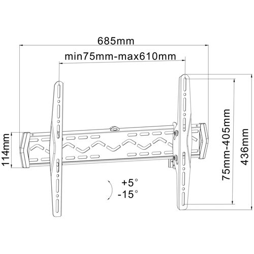 Technische tekening van een tv-muurbeugel met afmetingen.